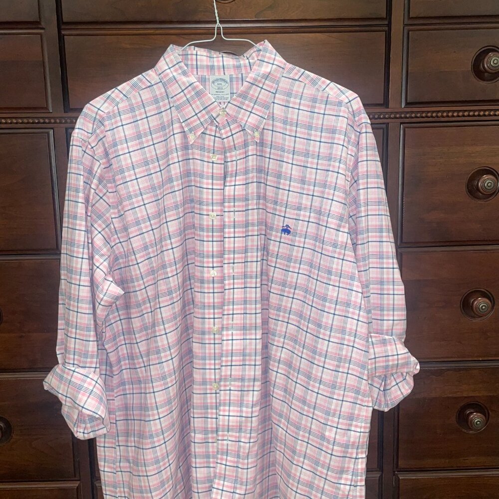 Brooks Brothers Pink and Navy Plaid Button-Up